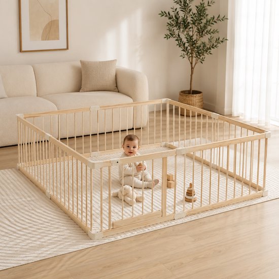 Houten babybox met poortje, met een baby die erin zit. Een beige bank en een plant staan op de achtergrond.