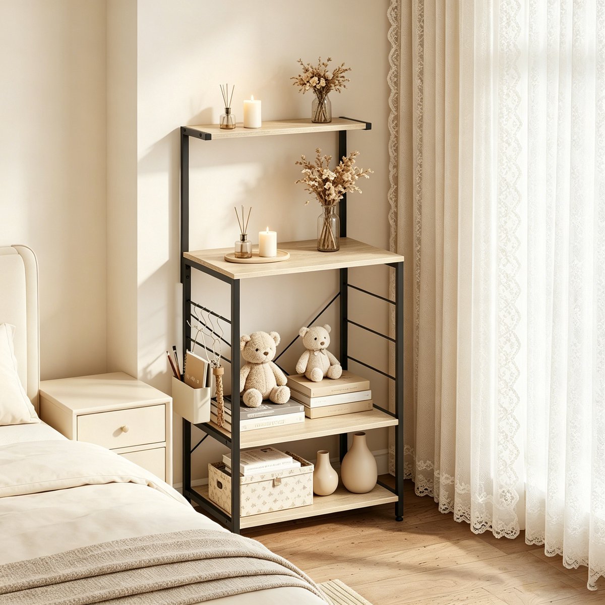 MIVRAY Open Stellingkast - 4 Planken - 60 x 123 x 40 cm - Hout En Staal - Zwart En Licht Eiken - Open Opbergkast Voor Woonruimte