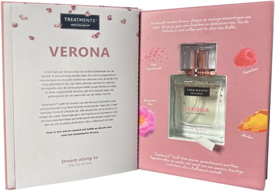 Open boek met flesje "VERONA Eau de Parfum" en afbeeldingen van rozen, frambozen en amber.