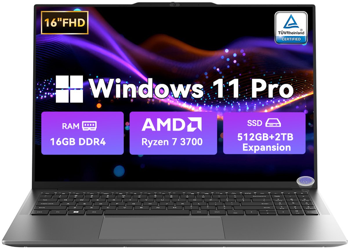 Blackview AceBook 8 Pro - Laptop - 16 inch Full HD - 16GB DDR4 RAM - 512GB SSD - AMD Ryzen 3700U - Windows 11 Notebook - Radeon RX Vega 10 Graphics - Grijs