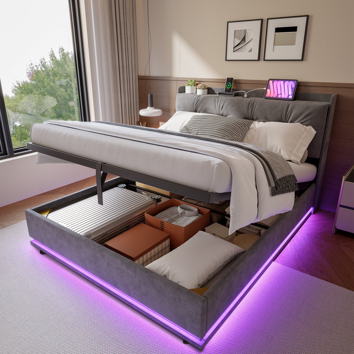 Tweepersoonsbed 140x200 cm, volwassen bed met led verlichting en zijvakken, gestoffeerd bed met hoofdbord, fluwelen bedframe grijs, zonder matras