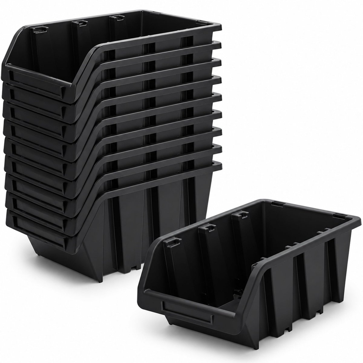 SnelShoppen - Stapelbare Werkplaatskoffer, Opbergdoos van PP-Kunststof, Zwarte Sorteringsdozen voor Gereedschap, 10 Stuks, Ideaal voor Werkplaats, Gar