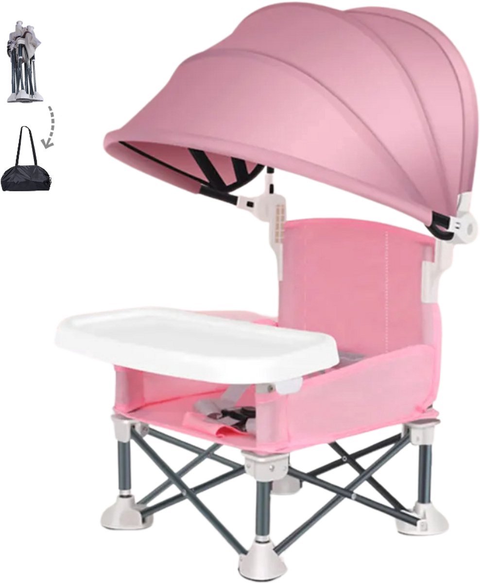 Dolvon Kinderstoel Inklapbaar - Stoelverhoger - Zitverhoger - Kinderstoel - Kinder Eetstoel - Eetstoel Baby - Incl. Draagtas, Zonwering & Bevestingingsriemen- Roze