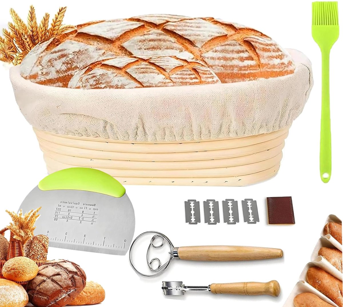 SnelShoppen - 9-delige Zuurdesemstarterset met 25 cm Rijsmandje Rond, Broodmand, Complete Bakaccessoires, Broodbakset voor Beginners en Ervaren Bakker