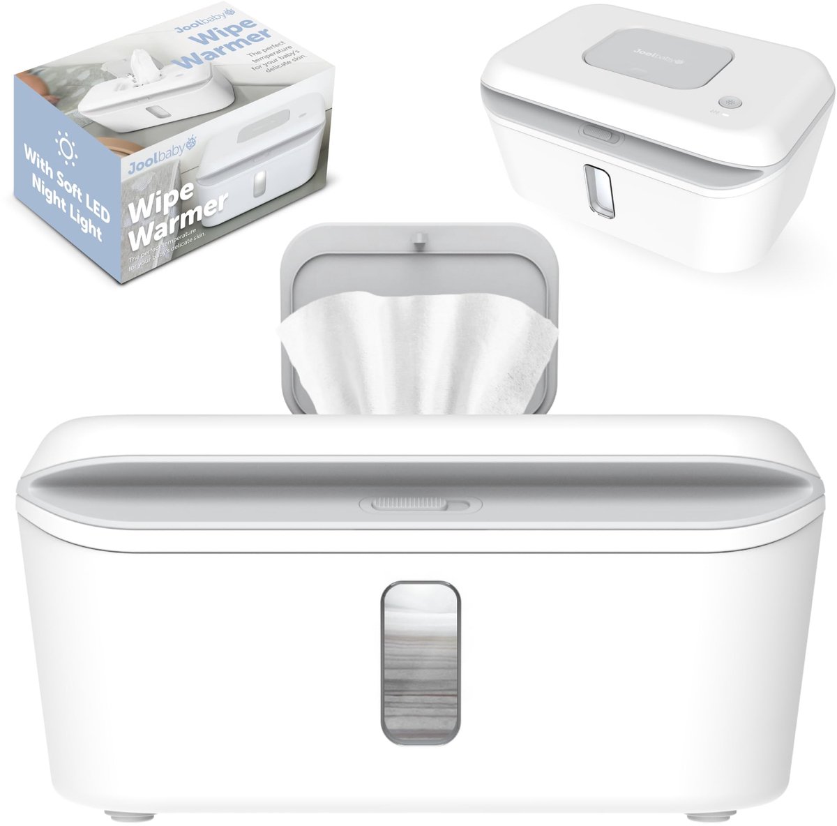 SnelShoppen - TinyBums Babydoekje Warmer & Dispenser met LED Licht, Aan/Uit Schakelaar, Klassiek Grijs, Ideaal voor Babyverzorging, Comfortabel en Han