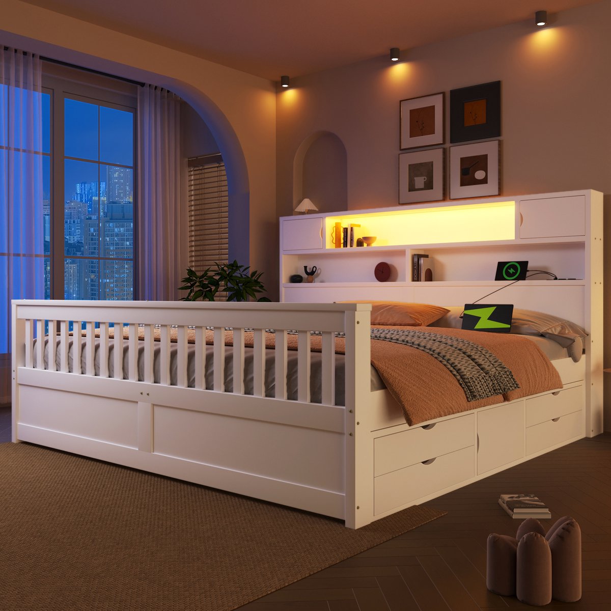 Bed 180x200 cm - Met Opbergruimte, LED Hoofdbord, USB En 4 Laden - Wit