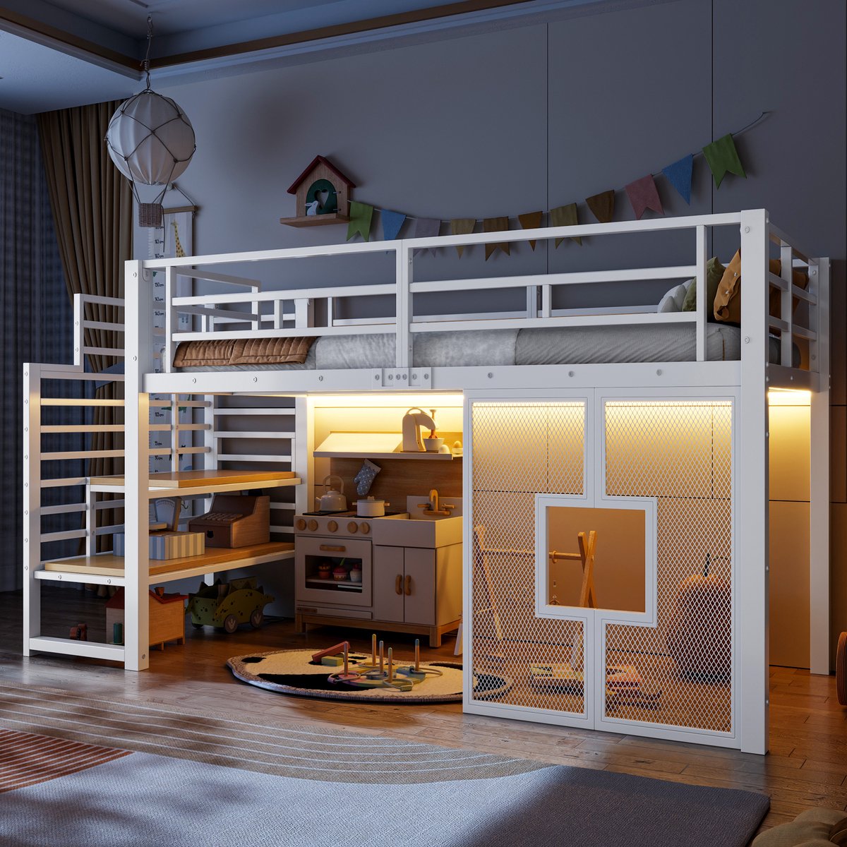 Avonturenbed 90x200 cm - Metalen Hoogslaper Met Raam, Trap En LED Verlichting Wit