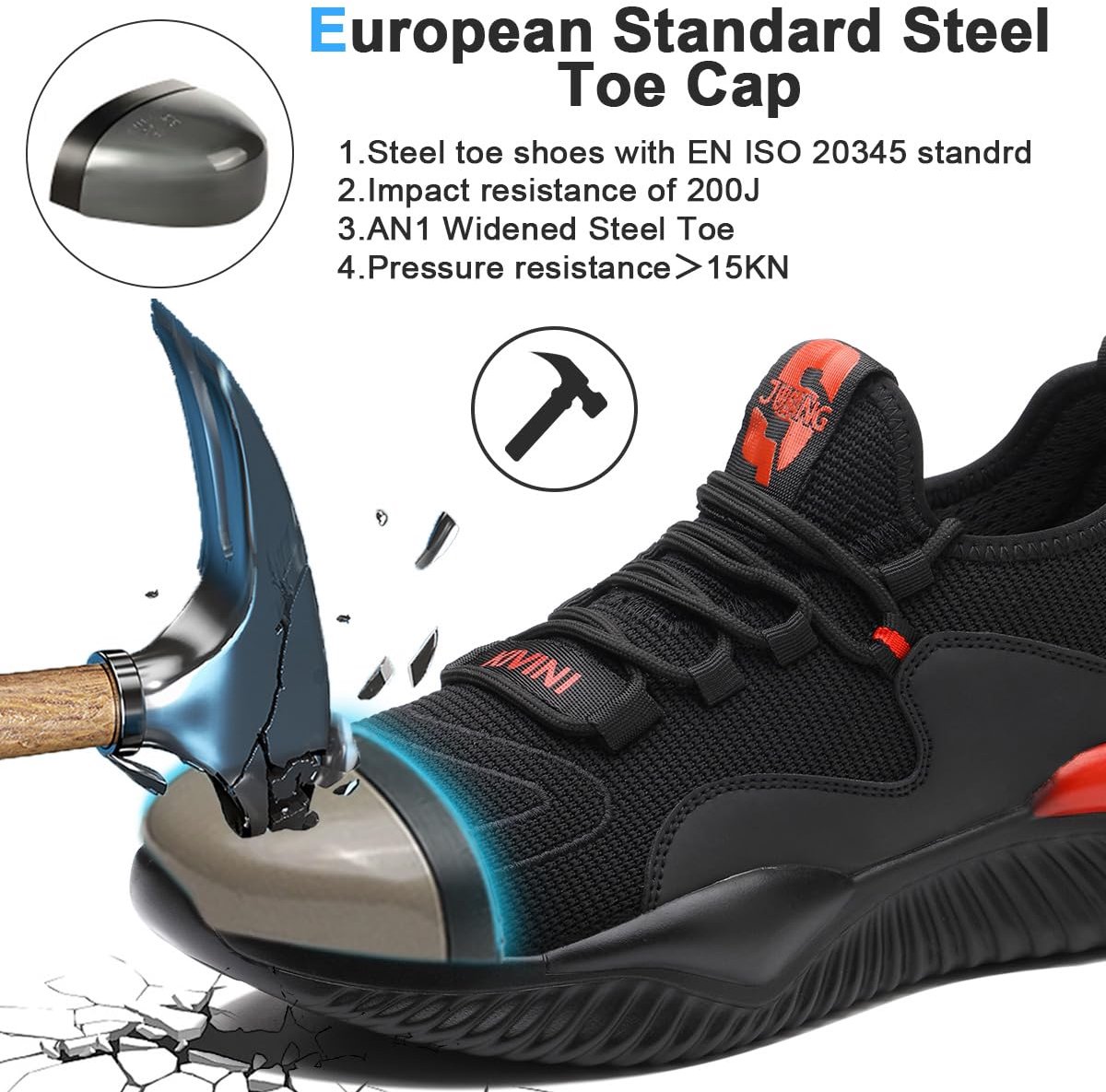 SnelShoppen - Veiligheidsschoenen Dames Stalen Neus Unisex Heren Sneaker Werkveiligheidsschoenen Lichtgewicht Ademend Zwart Rood Maat 38