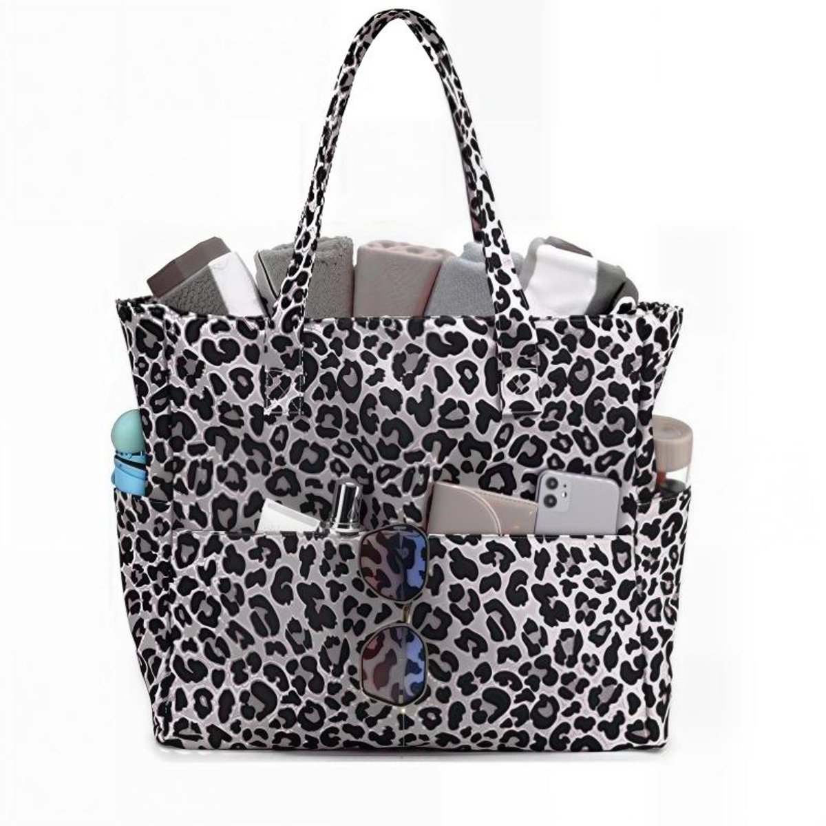 Extra grote strandtas voor dames, extra grote opvouwbare strandtas van mesh met ritssluiting en groot vak, geschikt voor strand, reizen, de sportschool en het zwembad,Luipaardprint
