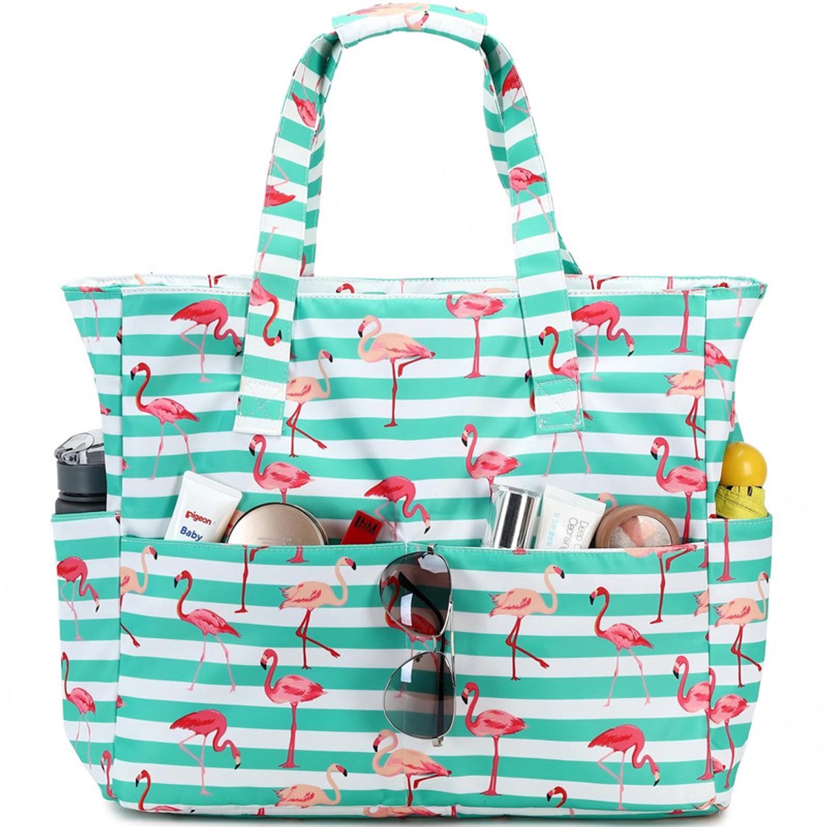 Extra grote strandtas voor dames, extra grote opvouwbare strandtas van mesh met ritssluiting en groot vak, geschikt voor strand, reizen, de sportschool en het zwembad,Groene flamingo