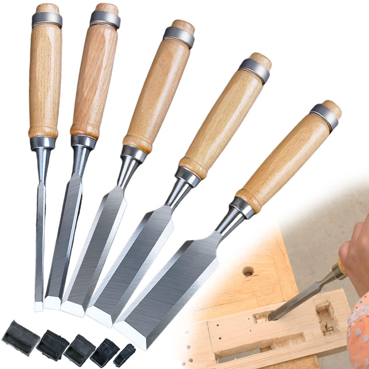 Dailygoods - Houten Beitel Set van 5 Stuks - Chrome Vanadium Stalen Beitels voor Houtbewerking