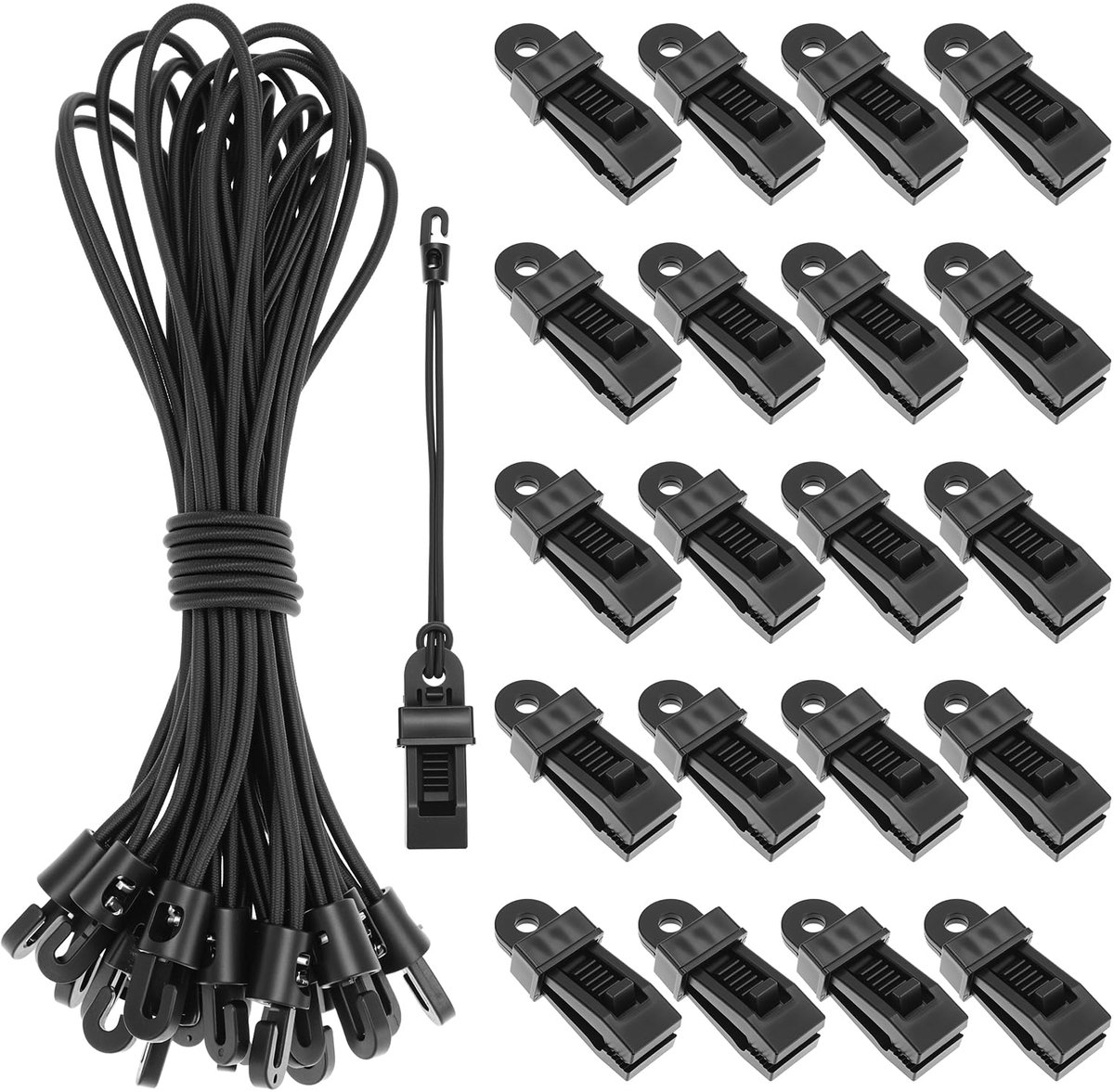 Dailygoods - 20 zeilclips en 20 elastische spanbanden met haken - Ideaal voor kamperen en zeilen