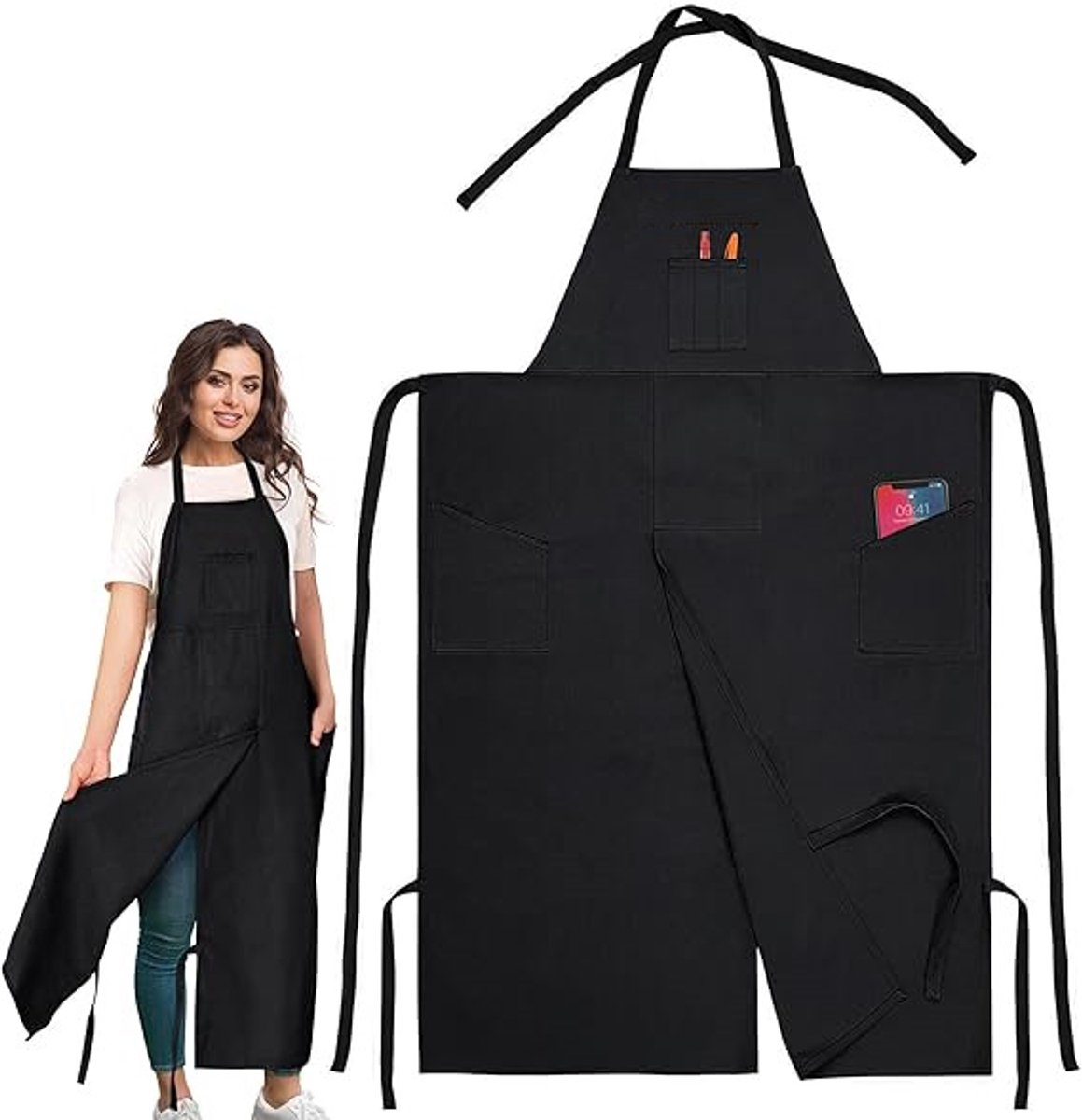 Gesplitste Benen Pottenbak Schort met Meerdere Zakken - Verstelbare Canvas Werk Schort - Vlekbestendig Kunstenaars Schort voor Schilderen, Pottenbakken, Koken en Tuinieren