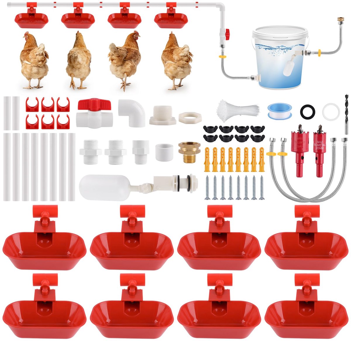 SnelShoppen - Complete set automatisch kippendrinksysteem - Extra grote kip waterer beker - Roestvrij staal & PVC pijpleiding - Inclusief vlotterventi
