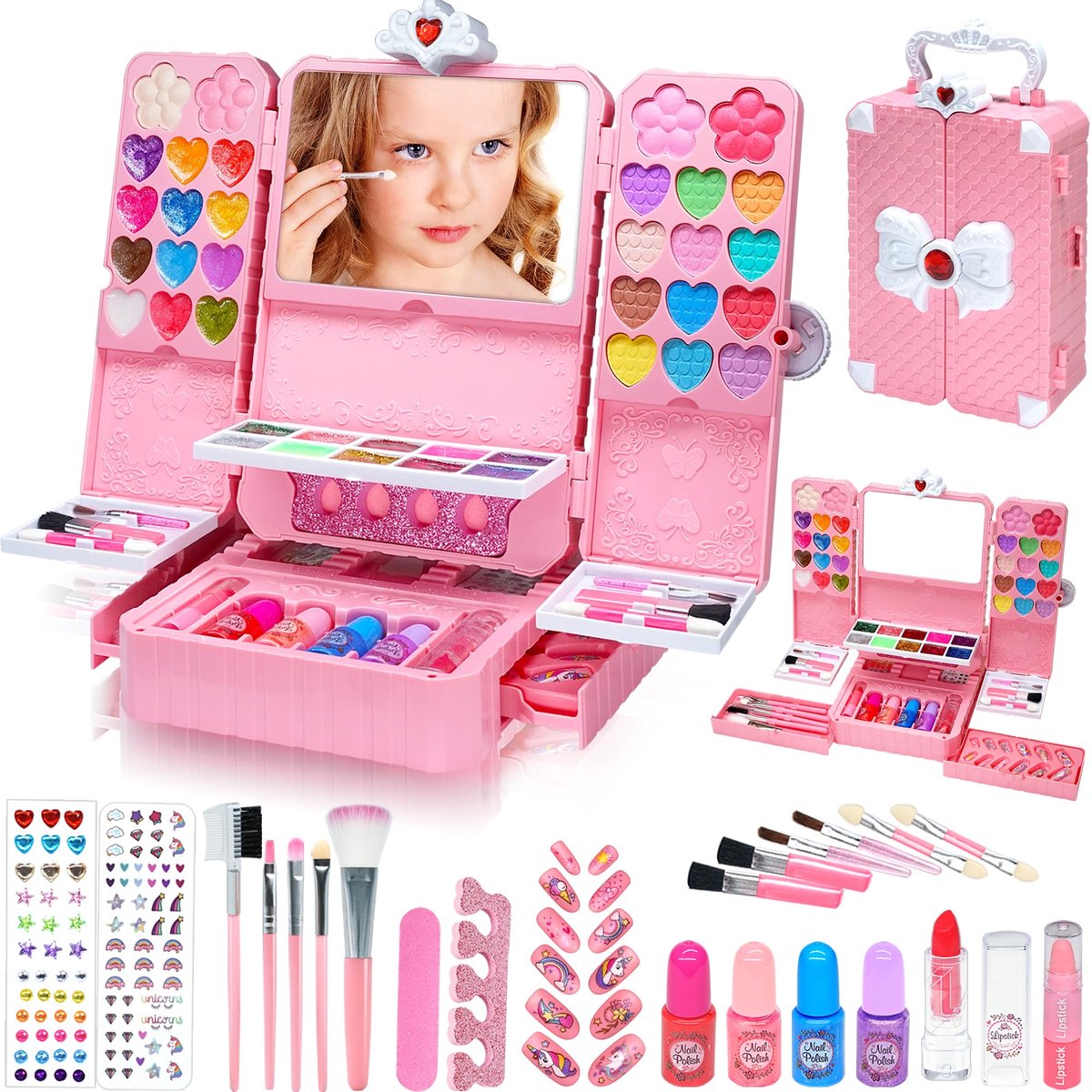 SnelShoppen - Make-upset voor Meisjes - 74 Stuks Wasbare Make-up, Speelgoed Make-uptafel voor Kinderen, Roze Cadeau voor Prinses, Verjaardag en Kerst,