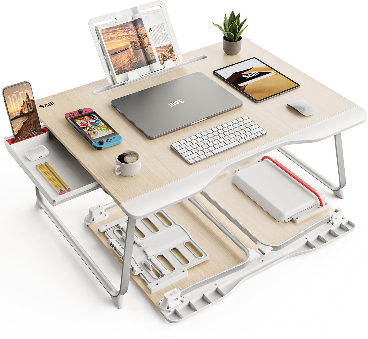 SnelShoppen - SAIJI Laptop Dienblad XXL Inklapbare Tafel voor Bed, Bank, Vloer - Stabiele Eettafel met Lade en Boekenstandaard in Teak (65 x 49 x 30 c