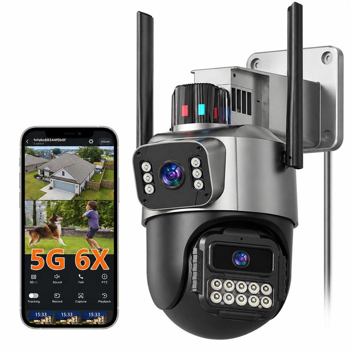 SnelShoppen - 5G Bewakingscamera voor Buiten, 6 MP Dual Lens, IP66 Beveiligingscamera, Nachtzicht, Automatische Tracering, 24/7 Buiten Camera met 2 Au