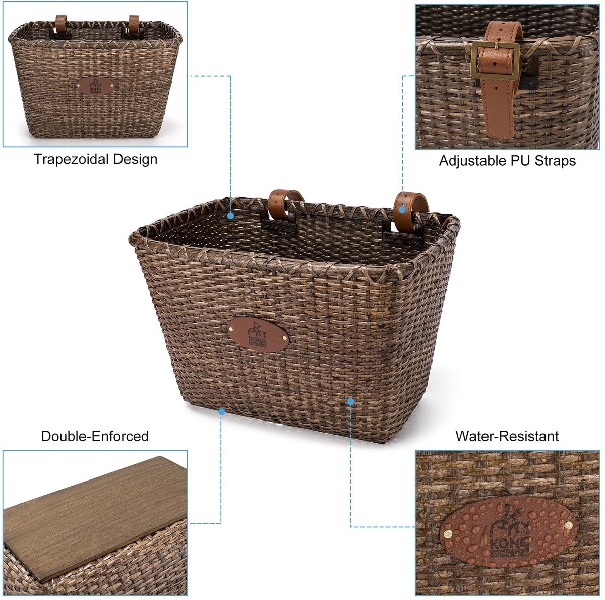 SnelShoppen - Fietsmand Retro Rotan voor Voorzijde, Handgevlochten met Houten Onderlegger en Leren Drager, 30,5x19x22,5 cm, Draagvermogen 6 kg, Ideaal