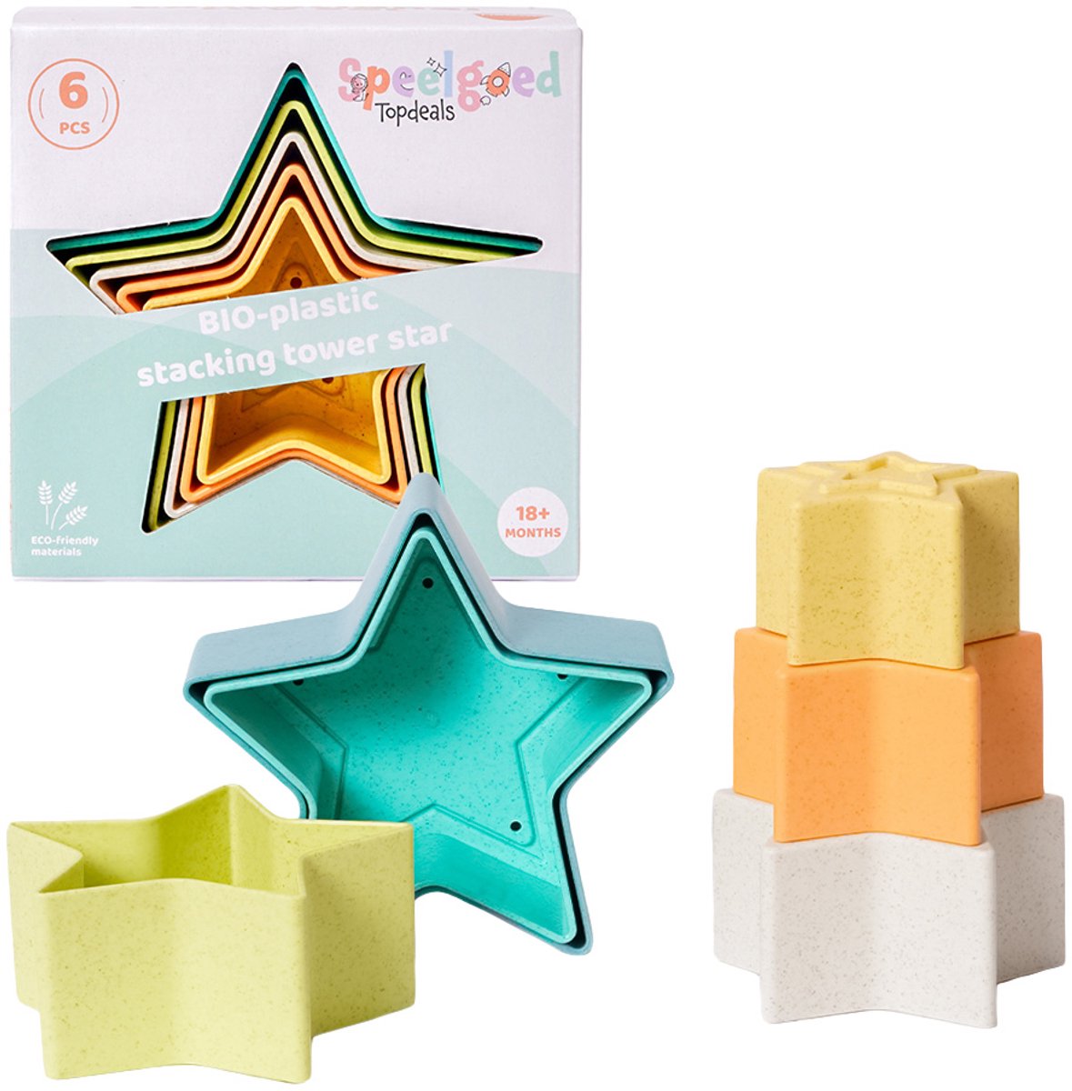 Speelgoedtopdeals - BIOplastic Stapeltoren Ster 6-delig - Duurzaam Speelgoed