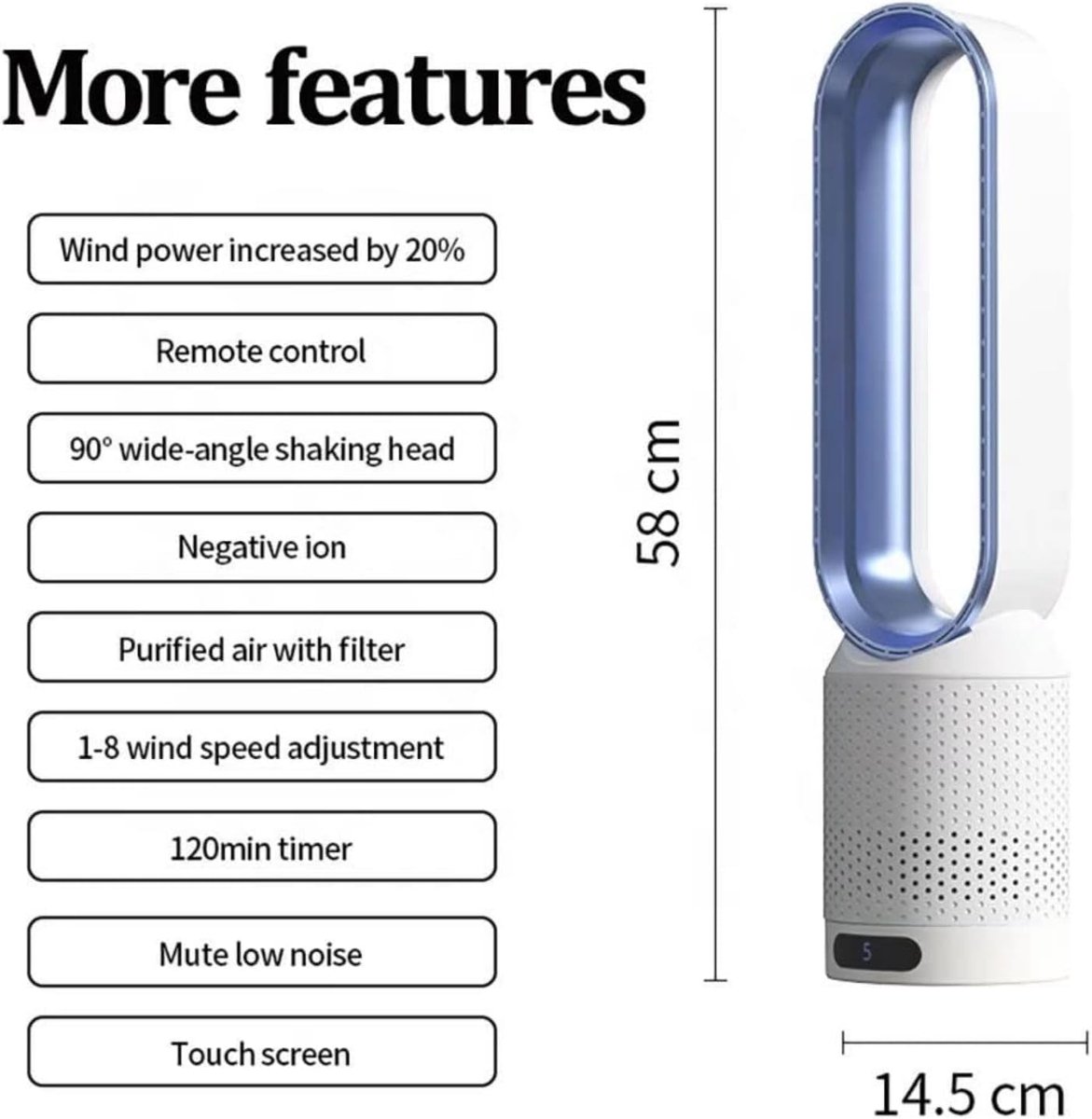 Bladloze Torenventilator - Staande Ventilator Zuiveraar - Frisse Lucht Creëren - Veilig Zonder Bladen - 58 cm - Blauw – foto 5