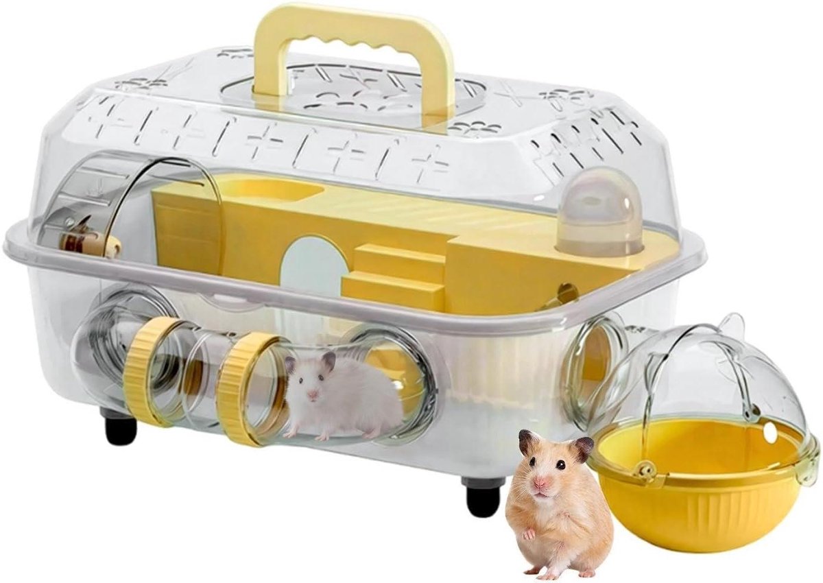 Hamsterkooi met Tunnel - Dwerghamsterverblijf - Huisdier Beweging - Transparant Panorama - 37 x 25 x 22 cm - Geel