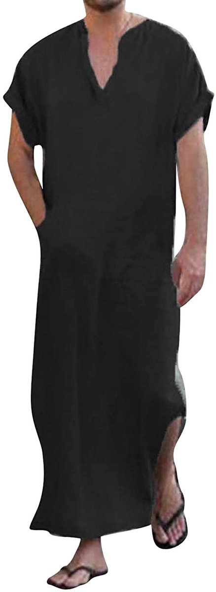 SnelShoppen - Herenkaftan met V-hals en zijsplit, korte mouwen, katoenen badjas met zakken, zwart, maat L voor ontspannen dagen en speciale gelegenhed