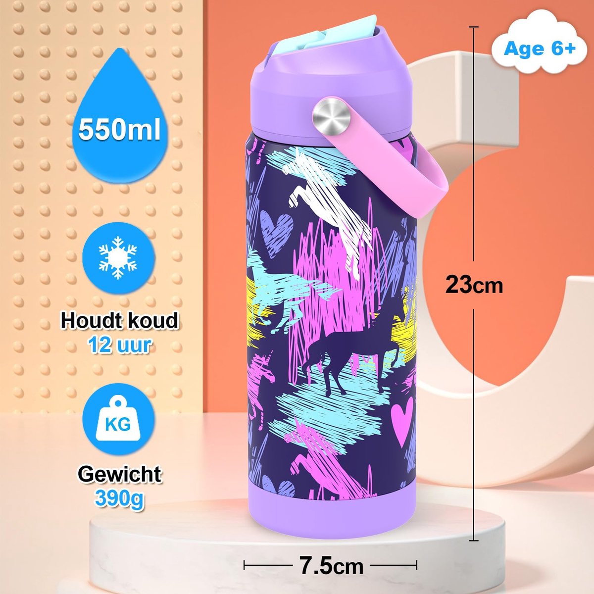 SnelShoppen - Kids Waterfles Met Stro 18 Oz Jongens Geïsoleerde Roestvrij Staal Lekbewijs Voor School Sport & Travel Abstract-Eenhoorn