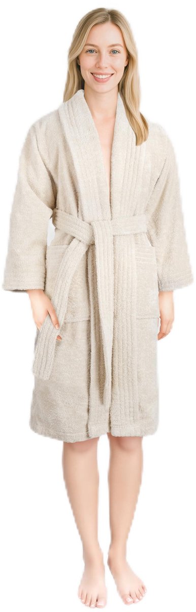 SnelShoppen - Hammetex Badjas Uniseks XL-XXL, 100% Katoen, Zacht & Absorberend, Beige Badstof Badjas voor Dames en Heren met Zakken, Perfect voor Thui