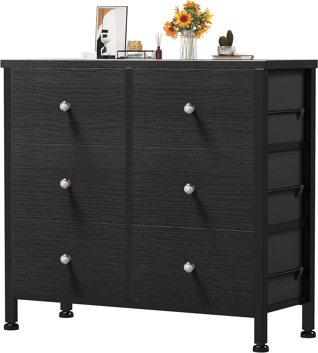 Dressoir met 6 lades - Ladekast Opbergkast - Slaapkamer Organisatie - Houten bovenkant - 31.5"B x 28.7"H - Zwart
