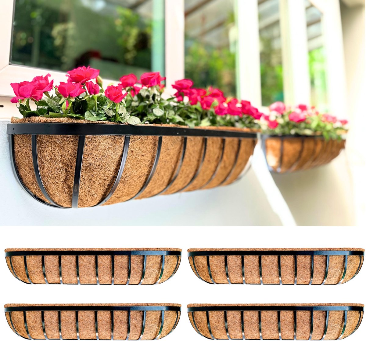SnelShoppen - Plantenbakken met Terrasleuning Set van 4 - 71 cm Lange Wandplantenbakken voor Buiten - Kokosvoeringen voor Balkon en Tuin - Bloembakken