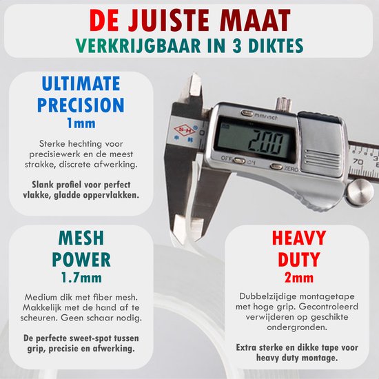 Digitale schuifmaat meet 2.00 mm. Drie tekstvakken leggen de diktes 1mm, 1.7mm en 2mm uit.