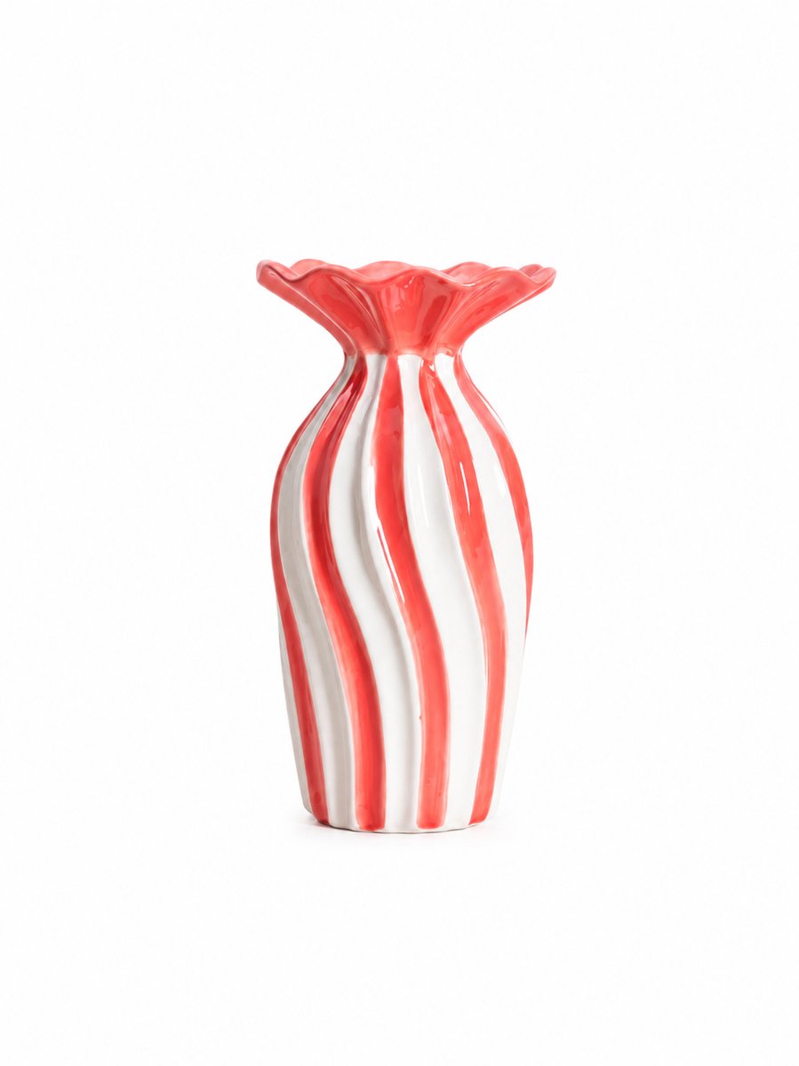 Homla Vaas - Bloemenvaas - Keramische Vaas met Geribbelde Rand - Decoratieve Bloemenvaas - Moderne Vaas voor Verse Bloemen en Droogbloemen - 13.5 x 13.5 x 25.5 cm - Wit & Koraalroze