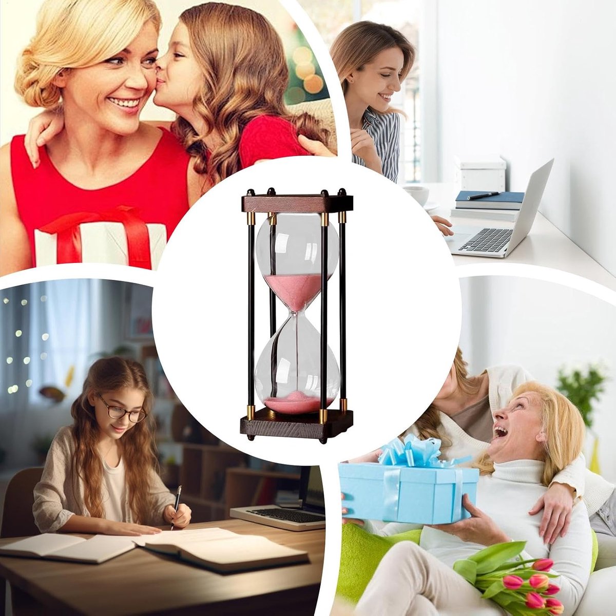 Decoratieve zandloper - Stijlvolle timer - Tijd managen - Stevig houten standaard - 14.1 cm hoog - Roze