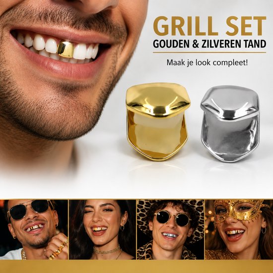 Collage: Gouden en zilveren tandkapjes, mannen en vrouwen met tandkapjes, tekst 'GRILL SET GOUDEN & ZILVEREN TAND'.