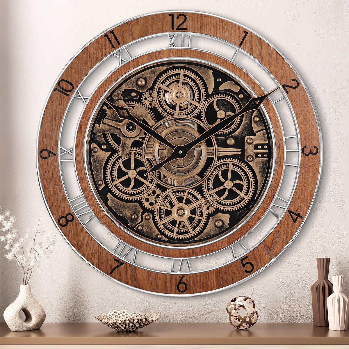 SnelShoppen - Lafocuse Echte Bewegende Versnellingen Wandklok Bruin Vintage 51 cm - Steampunk Gear Klok met Arabische en Romeinse Cijfers - Houten Boe