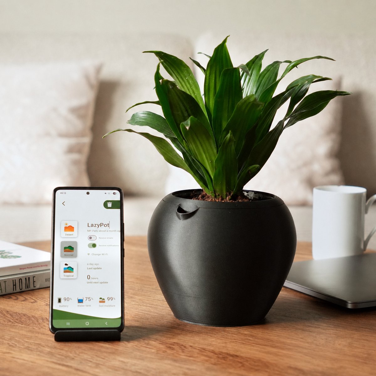 LazyPot Zwart – Zelfwatergevende Plantenpot met App – Ø 11 x 10 cm – 1L Waterreservoir – Slimme Bloempot – Oplaadbaar – Mat Zwart — cadeau in Gadgets - foto 2
