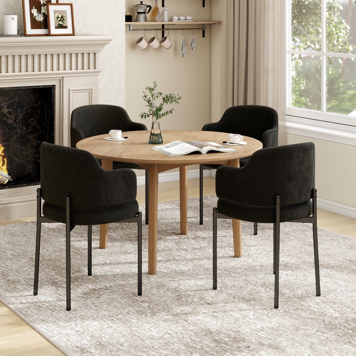 Puluomis - Eetkamerstoelen - Set van 4 - Teddy Fleece - Metalen poten - Gevoerde zitkussens - Gebogen rugleuning armleuning - Zwart