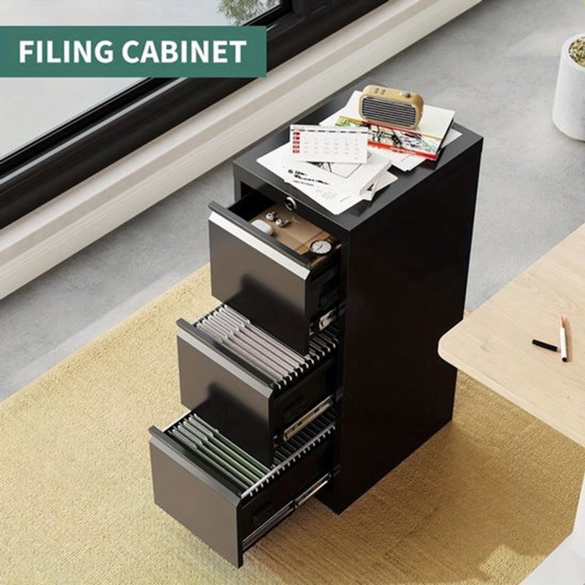Archiefkast – Dossierkast – Kantoorkast – Ladenkast – Opbergkast – Zwart – 3 Laden Met Slo