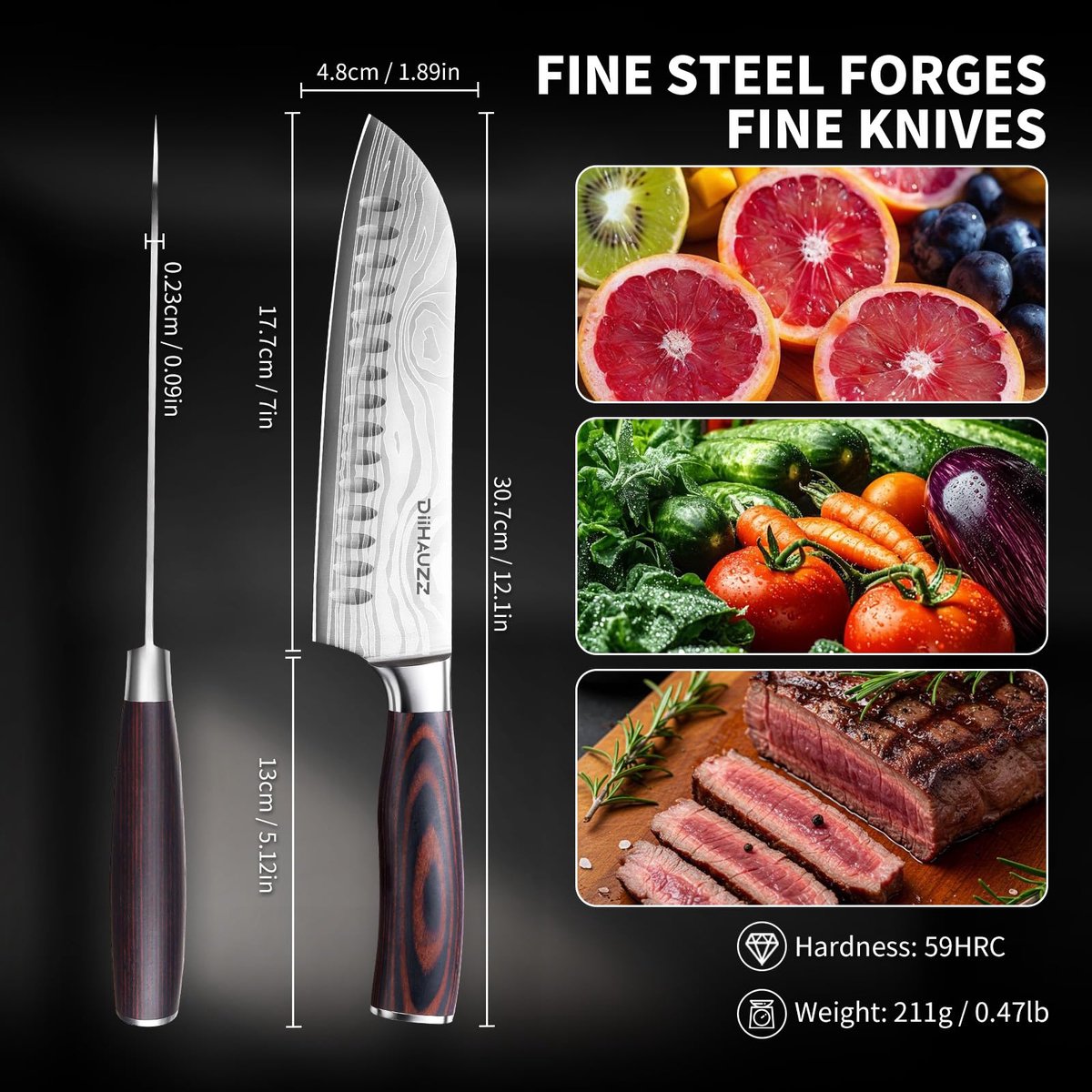 SnelShoppen - Professioneel Santokumes 18 cm | Koksmes met scherp 12° lemmet | Ergonomische handgreep van Pakkahout | Chef-koksmes voor vlees, vis en