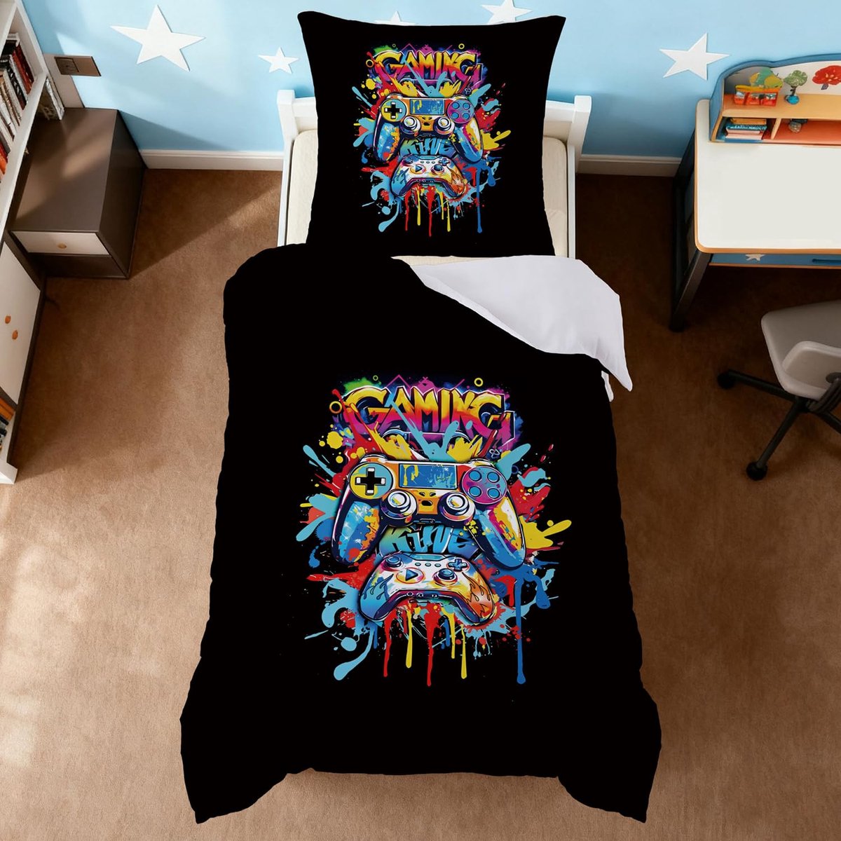 SnelShoppen - Gamer Dekbedovertrek 140 x 200 cm met Ritssluiting, Microvezel Beddengoed voor Eenpersoonsbed, Kinderbeddengoed met Kussensloop 65 x 65