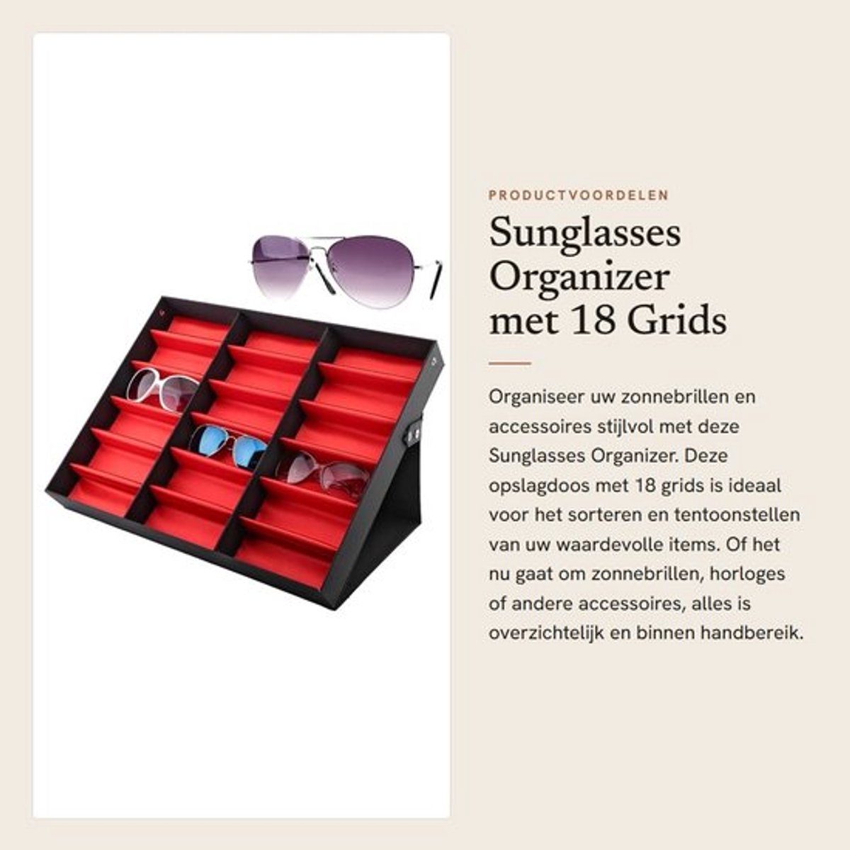 Zonnebrilhouder 18 vakken - Opbergdoos met deksel - Displaybox - Reiskoffer - Accessoires opbergen - Perfecte maat 47x37x6 cm