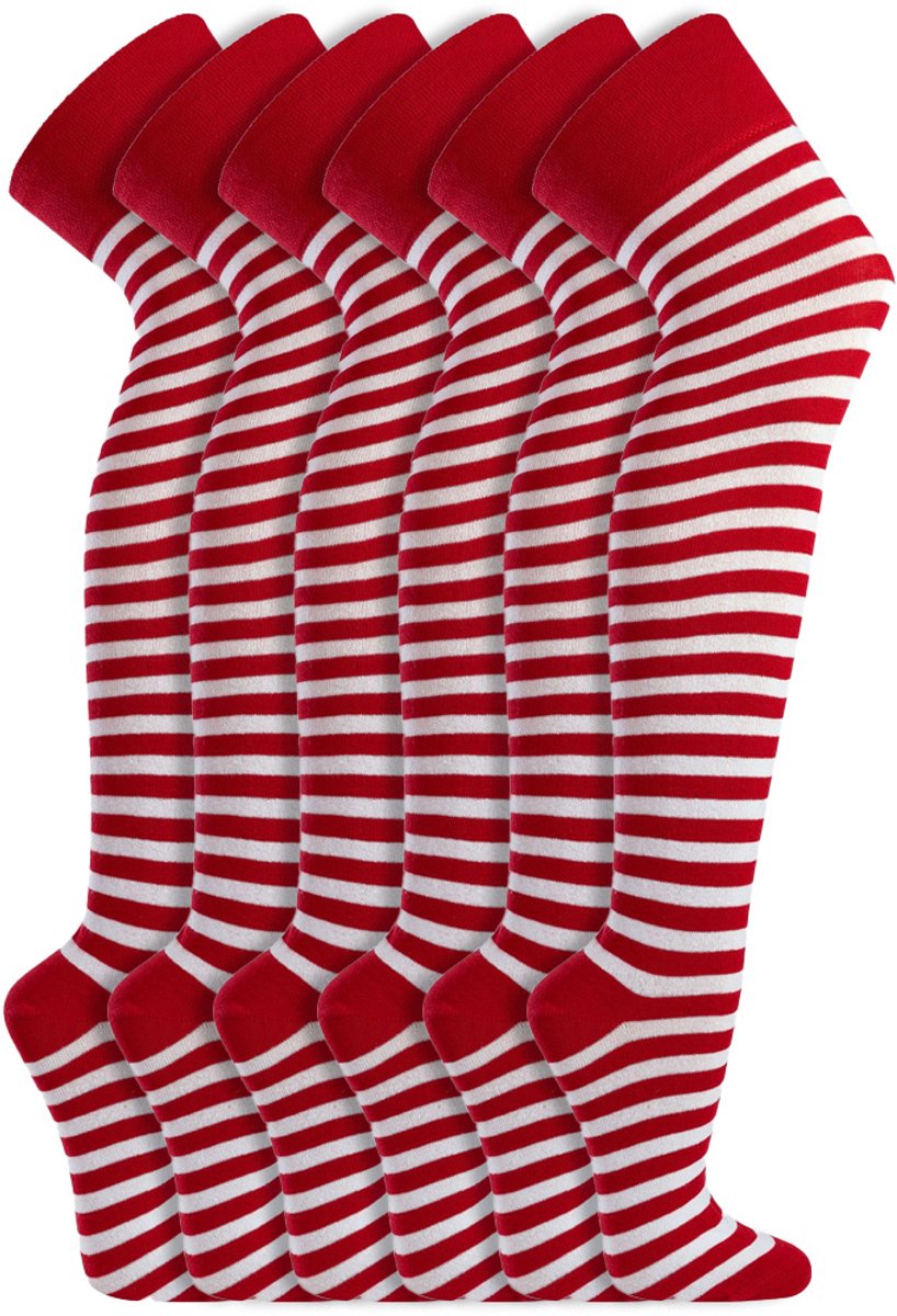6 Paar - Dames Kniekousen - Katoen - Socks4fun - Rood Wit