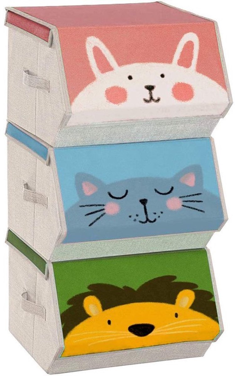 Opbergdozen Set van 3 - Opvouwbare Stoffen Opbergdozen - Speelgoedorganizer - Magnetische Deksels - Dierenthema's - 38 x 35 cm - Opbergboxen