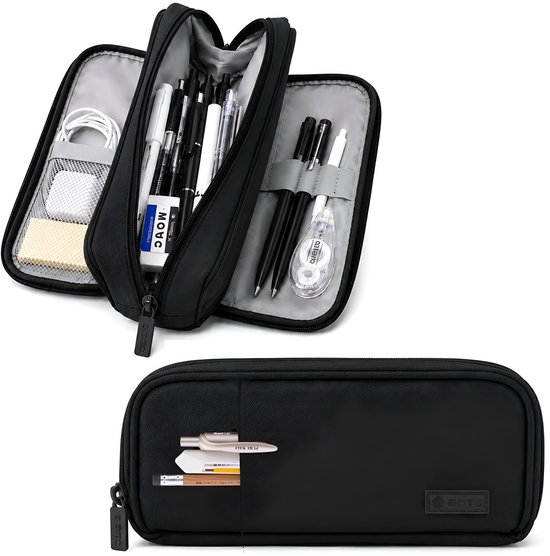 Trousse noire à deux compartiments. Intérieur avec des boucles élastiques et des poches en filet pour stylos, câbles et gomme. Extérieur avec poche avant et fermeture éclair.