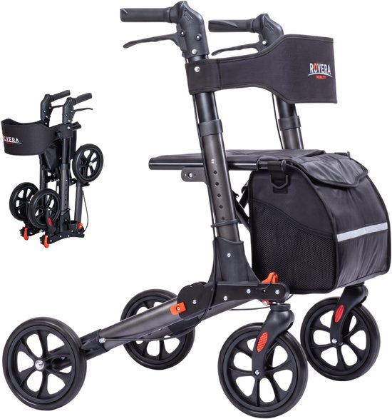 Rovera® Rollator (3x) Dubbel Opvouwbaar – Lichtgewicht & 3x Opvouwbaar – Met Luxe Rollatortas, Brede Rugsteun & Comfortabele Zitting – Geschikt voor Binnen & Buiten – Antraciet