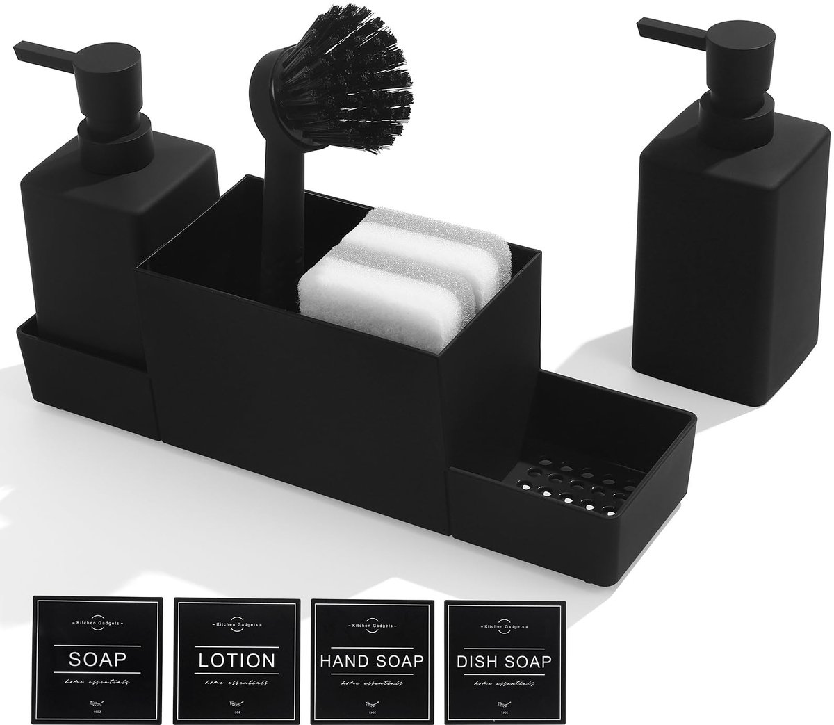 SnelShoppen - Zwarte Keuken Zeepdispenser Set met Spons en Borstel - 4 in 1 Afwasmiddel Dispenser voor Gootsteen & Aanrecht Organizer - Ideaal voor Ke