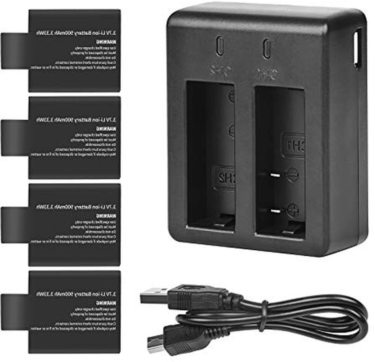 Batterij Kit - Oplaadbare Batterijen - Camera Gebruik - Dubbele Snellader - 900 mAh - Zwart