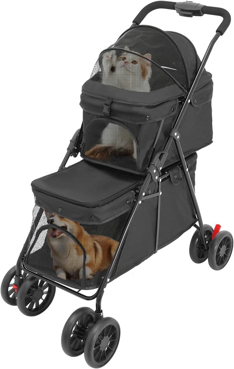 Hondenbuggy met twee verdiepingen - Dierenwagen dubbel - Reizen met huisdieren - Robuuste Oxford stof - Tot 20 kg - Zwart