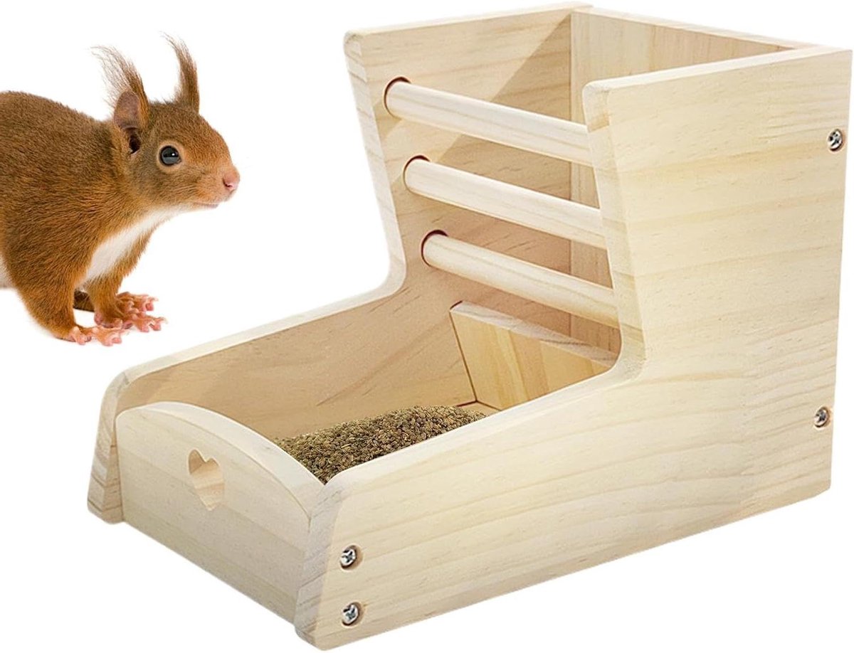 Hooivoeder Huisdieren - Hooi Dispenser - Netjes Voeren - Dubbele Zone Compartiment - 14.5x22x15.5cm - Houtkleur