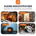 Afbeeldingen van een elektrische oven, open koelkast, heater in tent en cirkelzaag. Tekst: Kleine krachtpatser, geschikt voor apparaten tot 2000W.